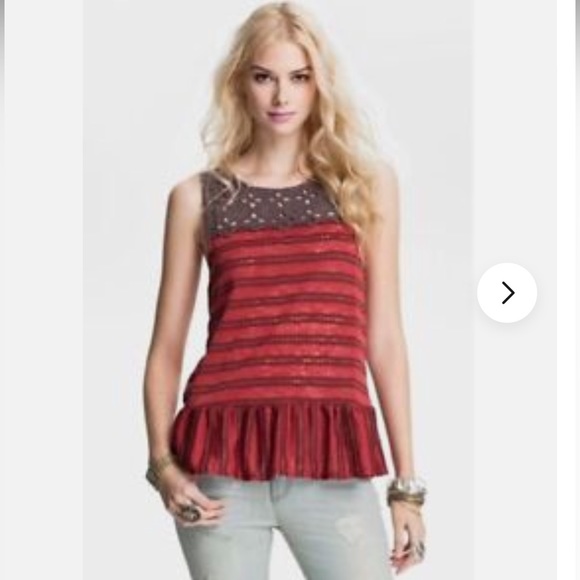 Free People Red Brown Striped Molly Retro Peplum Eyelet Top Sz S EUC - Picture 2 of 13